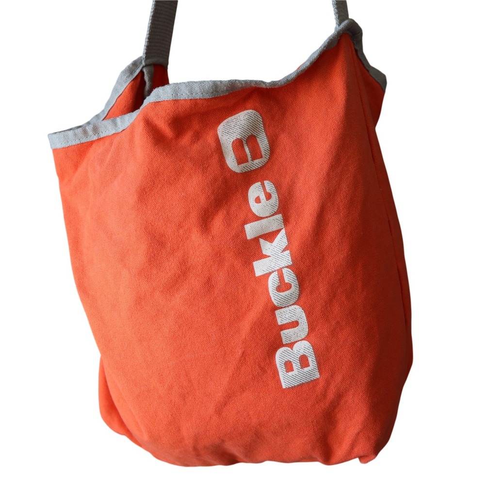 Vintage BUCKLE Beach Bag Bright Orange Canvas Tote Gray Adjustable Strap Y2K 90s